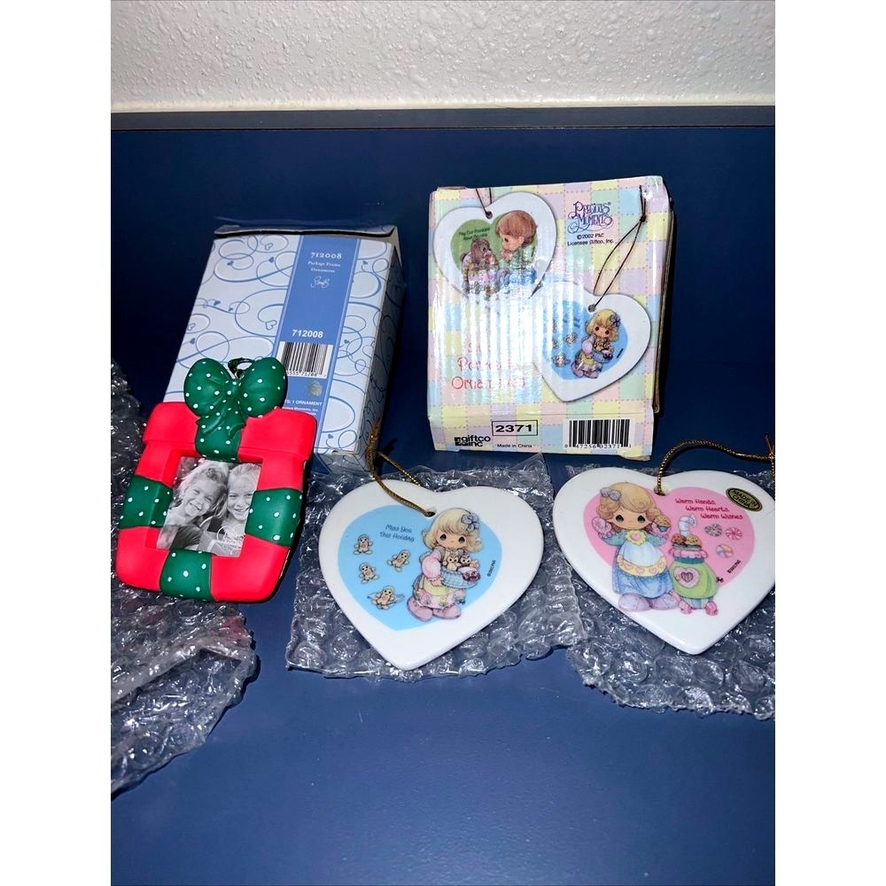 Lot Of 2 Heart Christmas Porcelain Ornaments + Precious Moments Frame 2002 2006